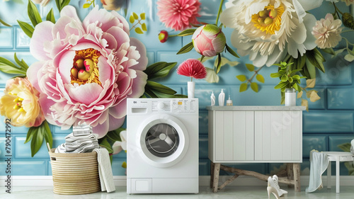 A laundry room brightened by a cheerful 3D peony wallpaper, where the task of laundry is made more pleasant by the colorful flowers blooming against a calming background photo