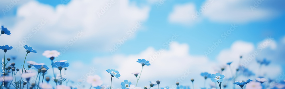 Beautiful meadow close-up of blue and white small blooming flowers on cloudy sky and spring summer day background. Colorful and bright natural pastoral landscape wiyh copy space for text. Beautiful meadow close-up of blue and white small blooming flowers on cloudy sky and spring summer day background. Colorful and bright natural pastoral landscape wiyh copy space for text.