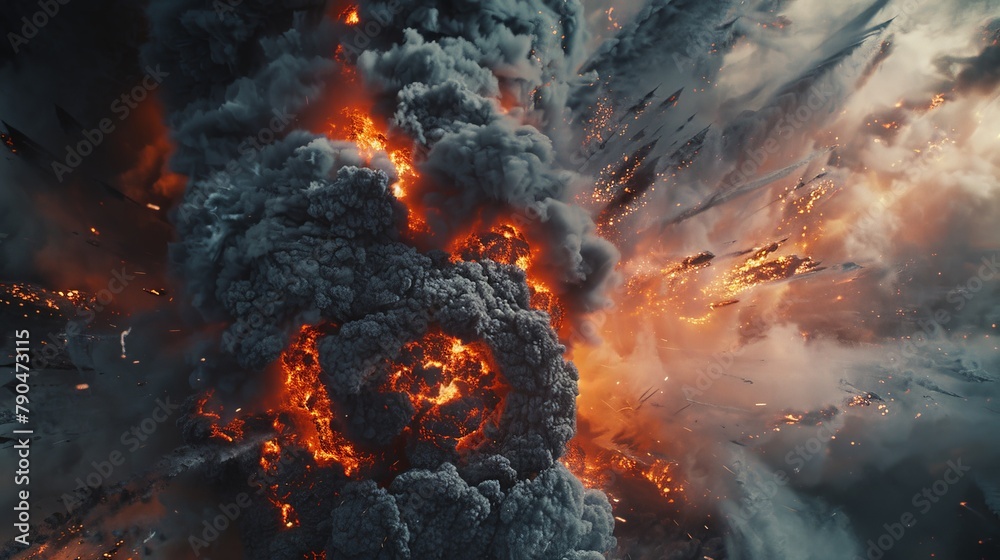 Step into the midst of a catastrophic event with this captivating image of a large fireball erupting amidst dense black smoke Step into the midst of a catastrophic event with this captivating image of a large fireball erupting amidst dense black smoke