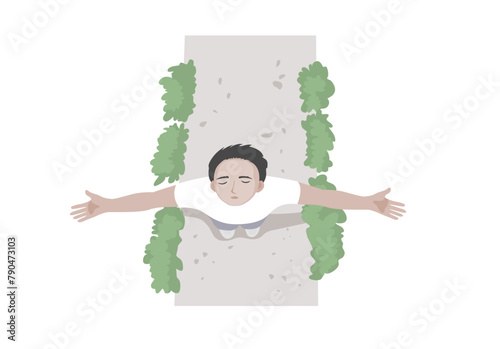 Relaxed young man breathing fresh air at outdoor in flat vector illustration.
