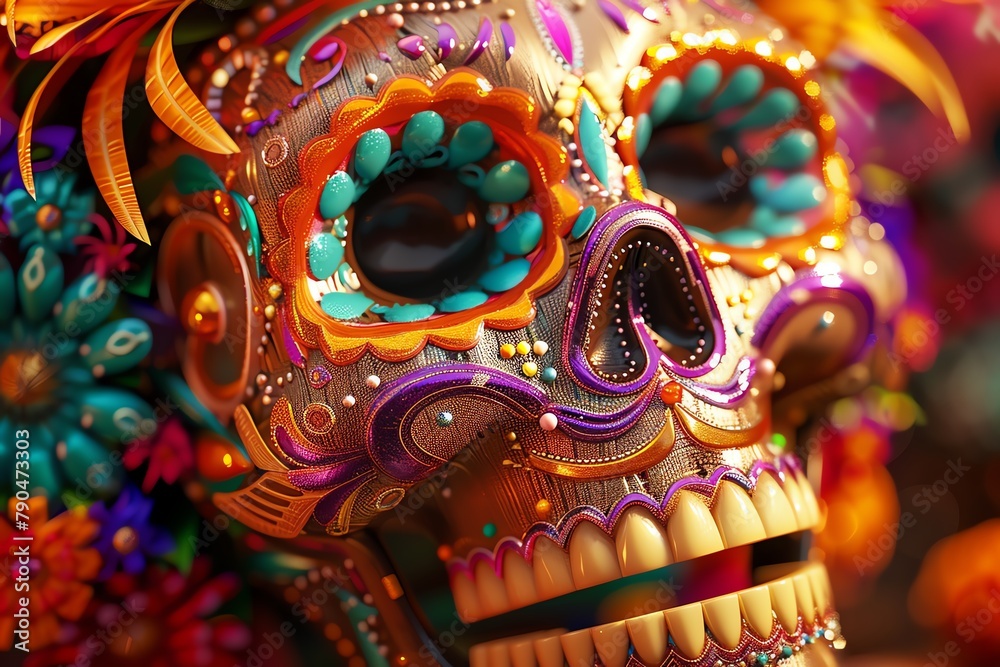 Produce a digital rendering of a colorful Mexican Dia de los Muertos sugar skull, zooming in on intricate decorations and vivid hues to celebrate the vibrant cultural tradition