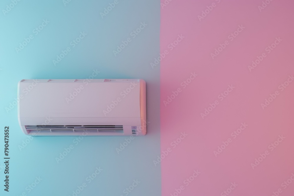 A white air conditioner is mounted on a wall. Summer heat concept A white air conditioner is mounted on a wall. Summer heat concept