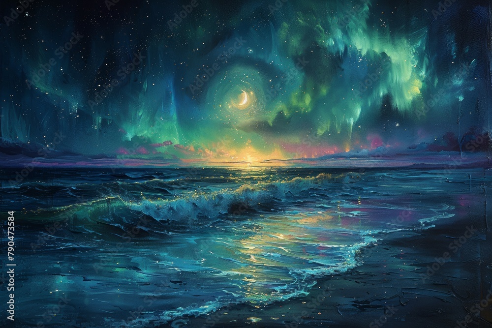 A painting of a beautiful ocean with a large moon in the sky