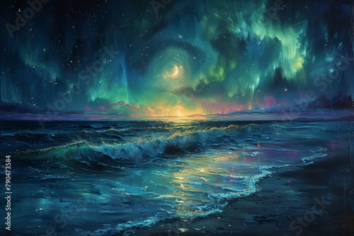 A painting of a beautiful ocean with a large moon in the sky