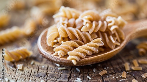 A small mound of whole wheat pasta on a wooden spoon photo