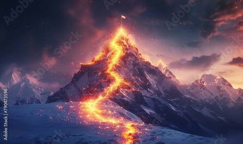 A mountain with fire trail leading up to it