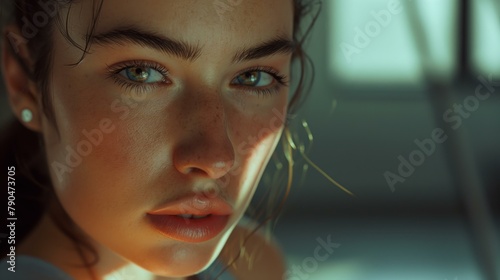 A close-up of a young woman in a moment of reflection after a wellness workout Her expression is one of contentment and determination, AI Generative