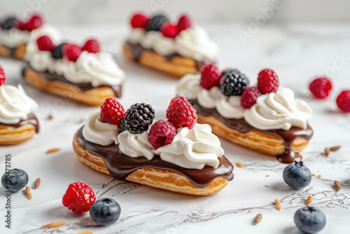 Chocolate eclairs with whipped cream and berries on a white background