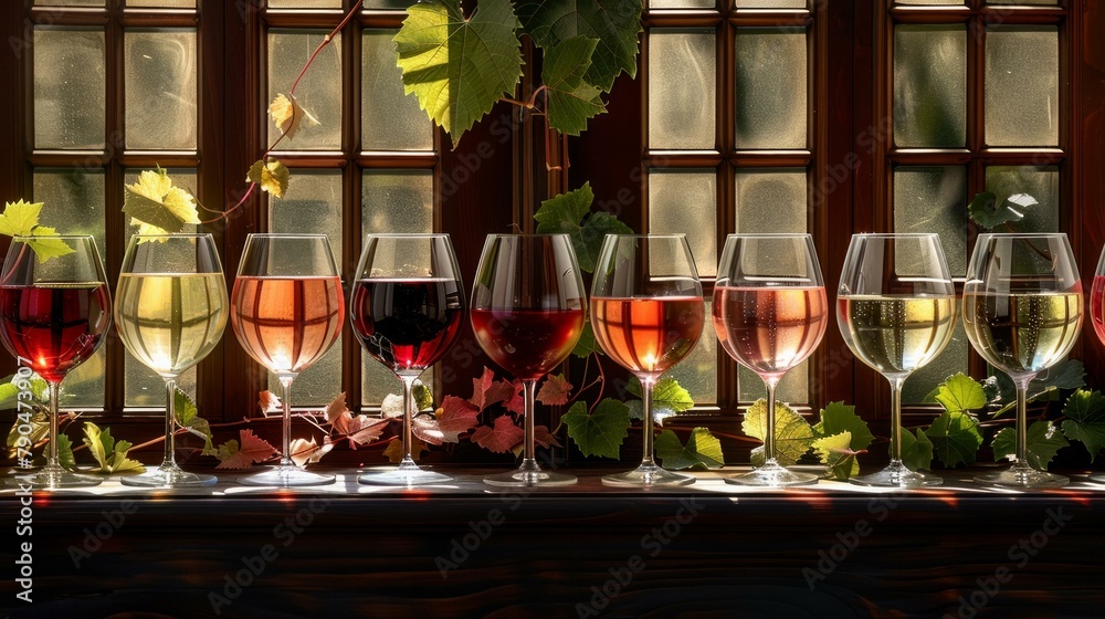 Naklejka premium A tasteful display of wine variety, glasses of red, rose, and white wine lined up, each telling its own story through color and shadow, AI Generative