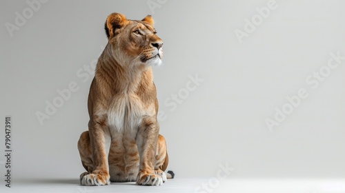 A solitary lion, Panthera Leo, sitting with a serene posture, AI Generative