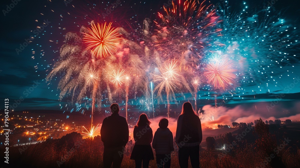 American family, united in awe, watching dazzling fireworks on the 4th of July, Night sky ablaze with vibrant colors, Heartwarming scene of togetherness, AI Generative American family, united in awe, watching dazzling fireworks on the 4th of July, Night sky ablaze with vibrant colors, Heartwarming scene of togetherness, AI Generative