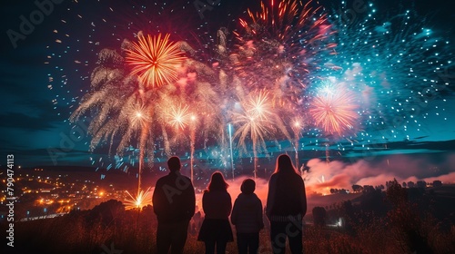 American family, united in awe, watching dazzling fireworks on the 4th of July, Night sky ablaze with vibrant colors, Heartwarming scene of togetherness, AI Generative