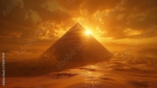 Ancient pyramid rising from the desert, sunset silhouette against vast sands, monumental, echoes of a forgotten civilization, AI Generative photo