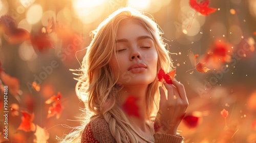 Autumn woman, blowing red leaves, beauty fashion model, seasonal charm, detailed, AI Generative