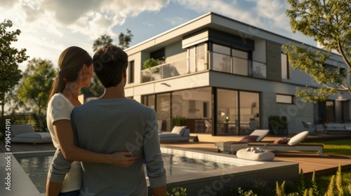 Back view of Happy young couple standing in front of new home, AI Generative