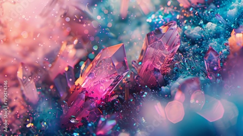 Surrender to the enchanting allure of a modern tech banner comprised of colorful aqua and pink crystal pieces, their glossy textures inviting tactile exploration and visual delight, 