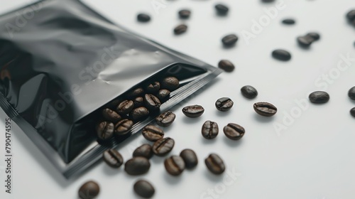 A black pack of 200 grams with coffee beans on which empty On a white background in good studio lighting all in focus 