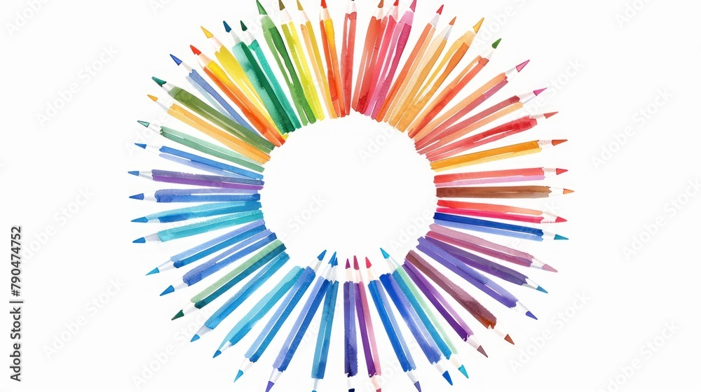 a circular logo of pens and pencils in rainbow colors with a large white space in the center, white background, watercolor  