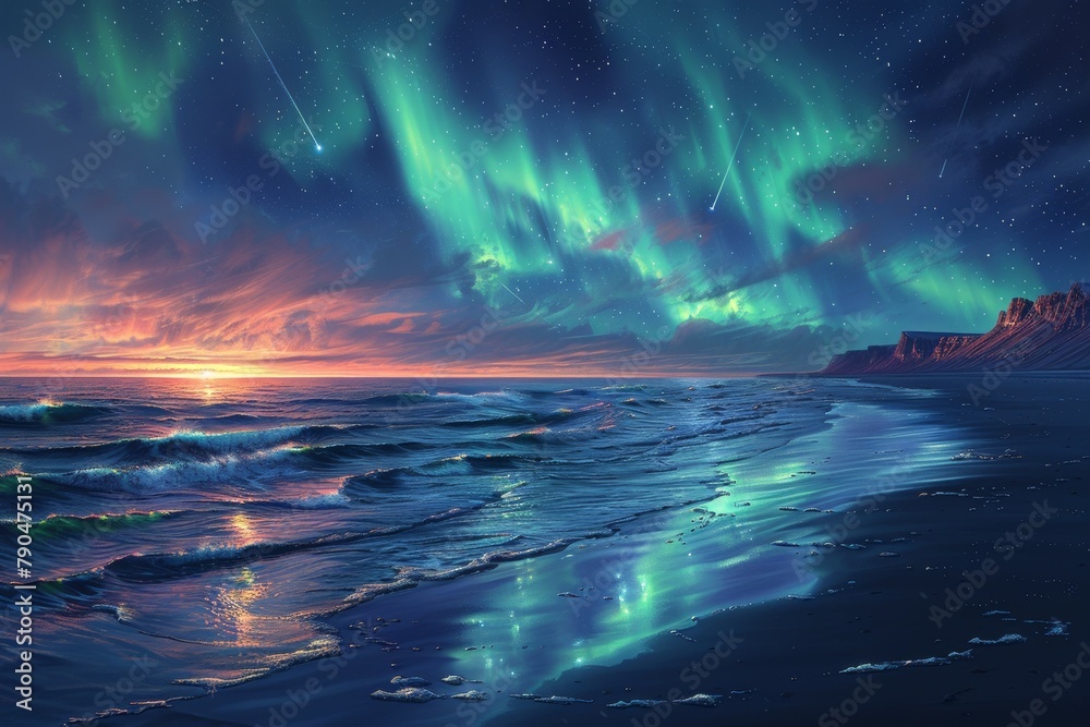 A beautiful painting of a beach with a blue ocean and a sky full of auroras