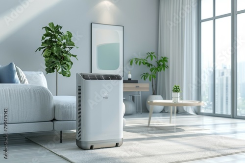A white air purifier sits on a rug in a living room. Summer heat concept photo