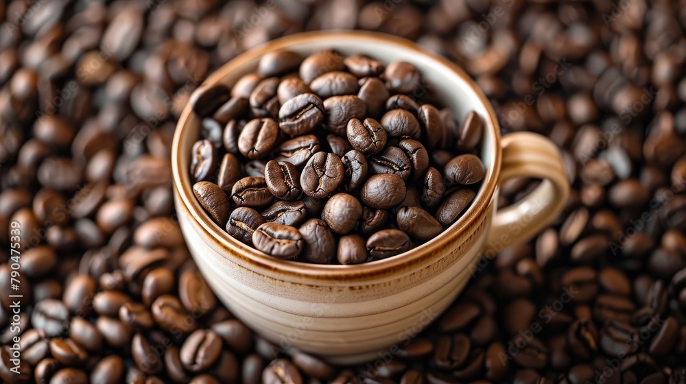 Organic coffee cup filled with coffee beans displayed on a background of scattered coffee beans Organic coffee cup filled with coffee beans displayed on a background of scattered coffee beans