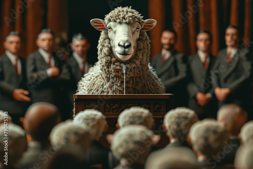 Sheep speaker, public speaking among people. Metaphorical concept. Backdrop with selective focus and copy space