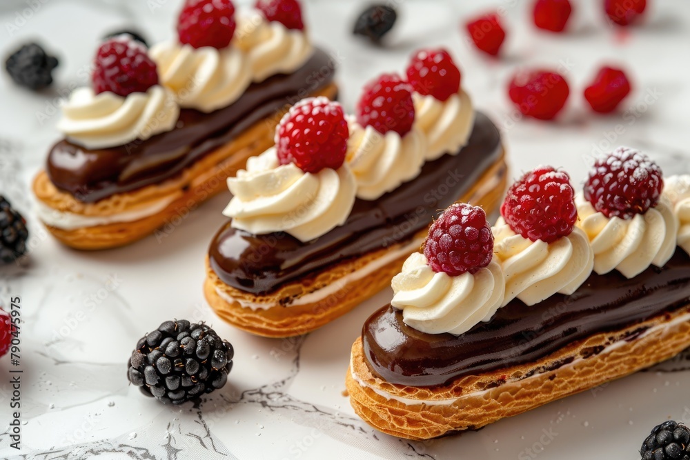 Delicious eclairs with cream and berries on white marble table Delicious eclairs with cream and berries on white marble table