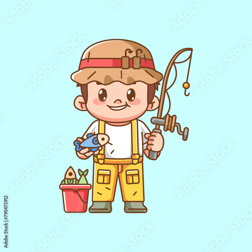 Cute fisher shows fishing kawaii chibi character mascot illustration outline style design