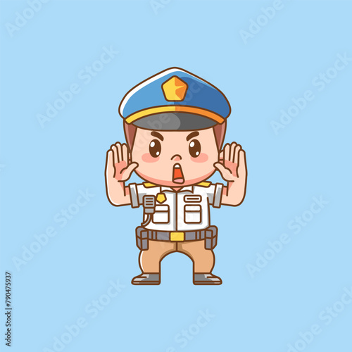 Cute police officer uniform hands up kawaii chibi character mascot illustration outline style design