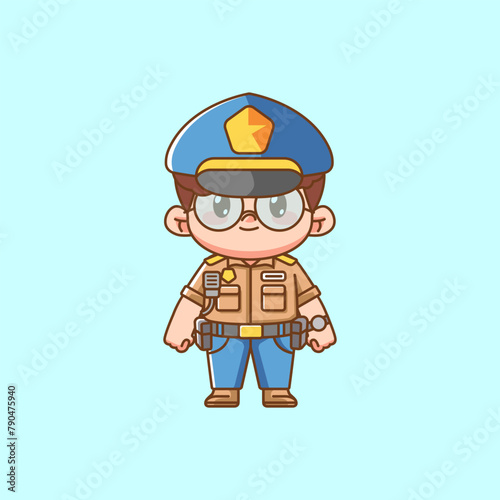 Cute police officer uniform kawaii chibi character mascot illustration outline style design