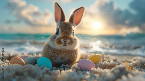 Easter Bunny with colorful Easter eggs, sandy beach setting, serene ocean backdrop, AI Generative