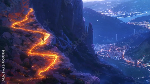 Illustrate a traditional oil painting of a lone, determined figure hiking up a luminous, winding path on the side of a mountain, with the city below as they strive for success