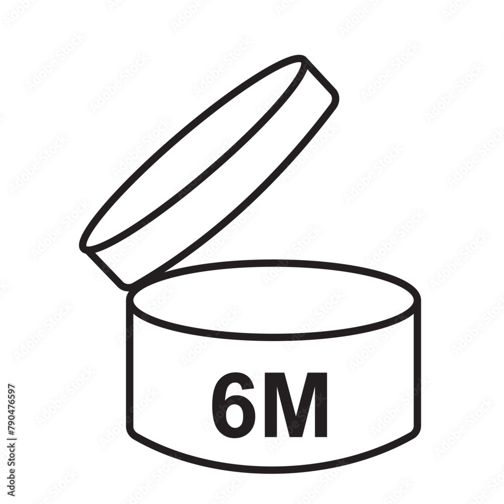 Period after opening icon. 6m pao cosmetic product symbol. 6 month period before use after opening can vector. Twelve months Shelf life line icon. Vector illustration. eps 10 Period after opening icon. 6m pao cosmetic product symbol. 6 month period before use after opening can vector. Twelve months Shelf life line icon. Vector illustration. eps 10