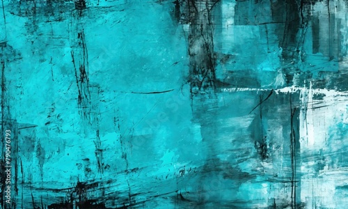 Abstract grunge art in turquoise blue tints. Contemporary painting. Modern poster for wall decoration photo