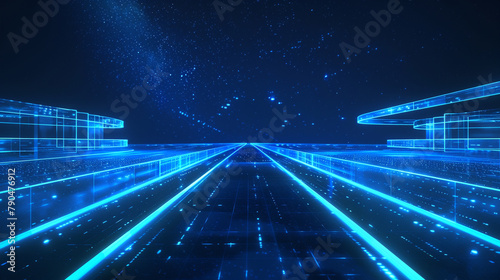 Bright blue pathways on a midnight blue background, evoking a sense of digital night.