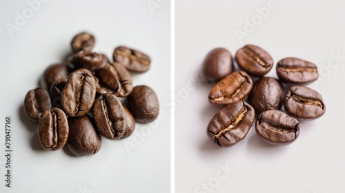 a cluster of roasted coffee beans is on a white background in the left side  in the style of intense close-ups  the right side is empty  