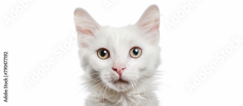 A curious white feline with enlarged eyes fixedly gazes at the lens of the camera