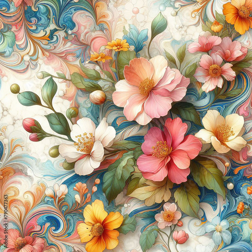 Marble wallpaper background of spring flowers elegant beautiful floral seamless pattern of fabric hand-painted flowers baroque colorful decoration