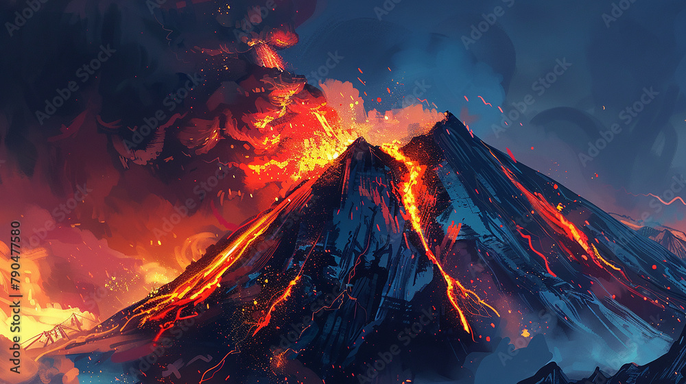噴火で溶岩が流れ出す