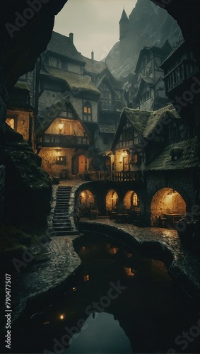 An underground city of dwarves, medieval setting, many stone houses