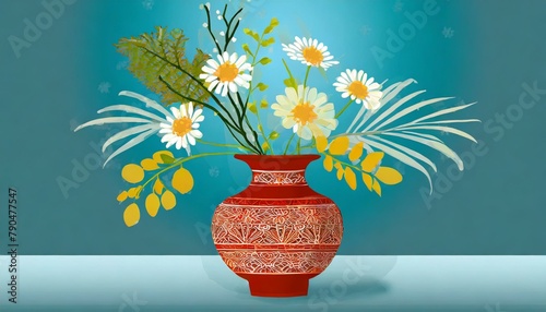 Flowervase with plants and flowers in chineese vase on table with blue background photo