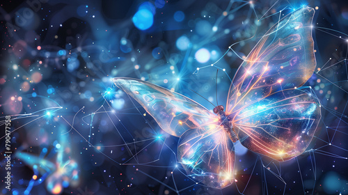 Digital Butterfly with Circuit Patterns on Blue Network Background
