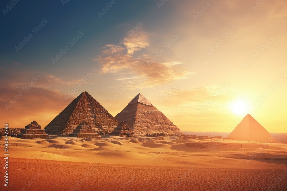 Three large pyramids stand tall in the desert, illuminated by the warm glow of the setting sun. Generative AI