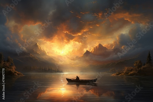 A painting depicting a man navigating a boat on a lake. Generative AI photo