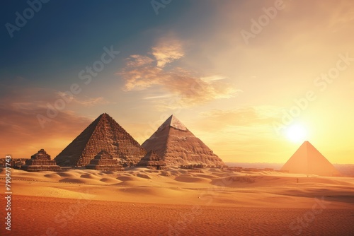 Three large pyramids stand tall in the desert  illuminated by the warm glow of the setting sun. Generative AI