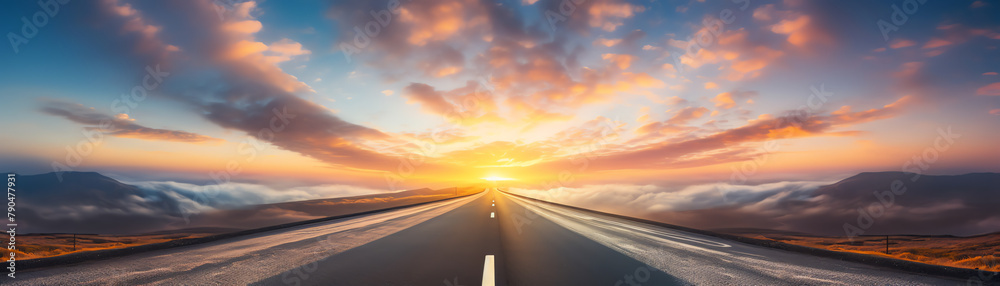 The prompt used to generate the image is:./imagine: prompt: A long and winding road through a mountainous landscape. The sky is a deep blue and the sun is setting.