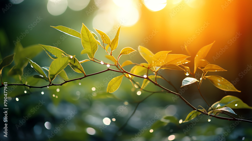 Obraz premium A branch of a tree with green and yellow leaves in front of a blurred background of green leaves and a bright yellow sun.