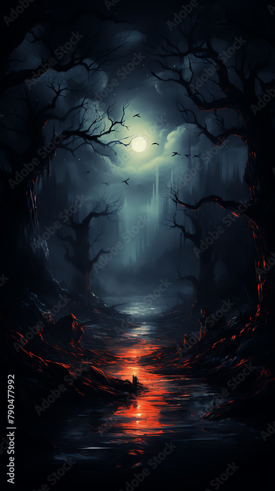 A dark forest with a red river flowing through it. There is a full moon in the sky and a cat is sitting on a rock in the middle of the river. The trees are bare and the branches are twisted and gnarle