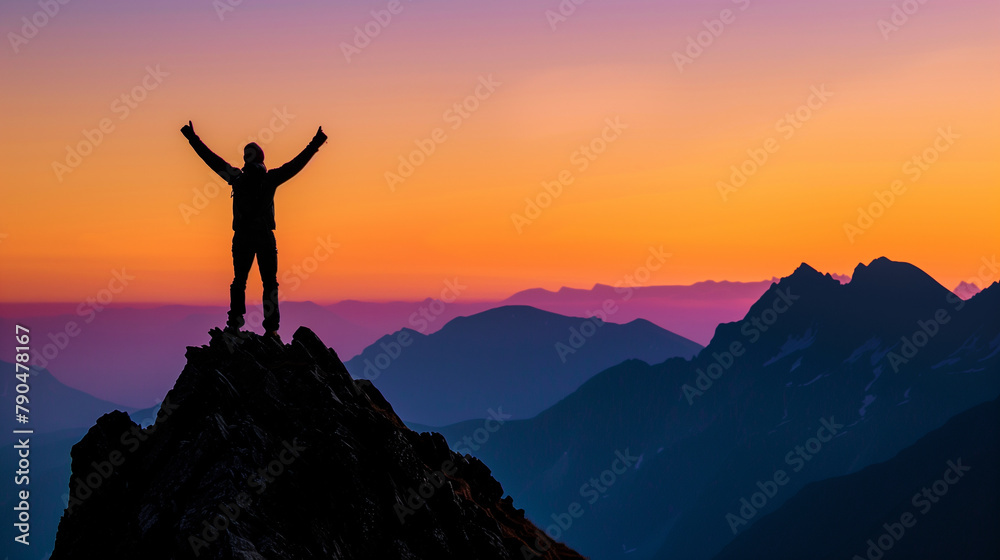 Adventurous Hiker Celebrating Success on Mountain Peak at Sunset