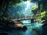 A wooden bridge over a river in a jungle with a waterfall in the background